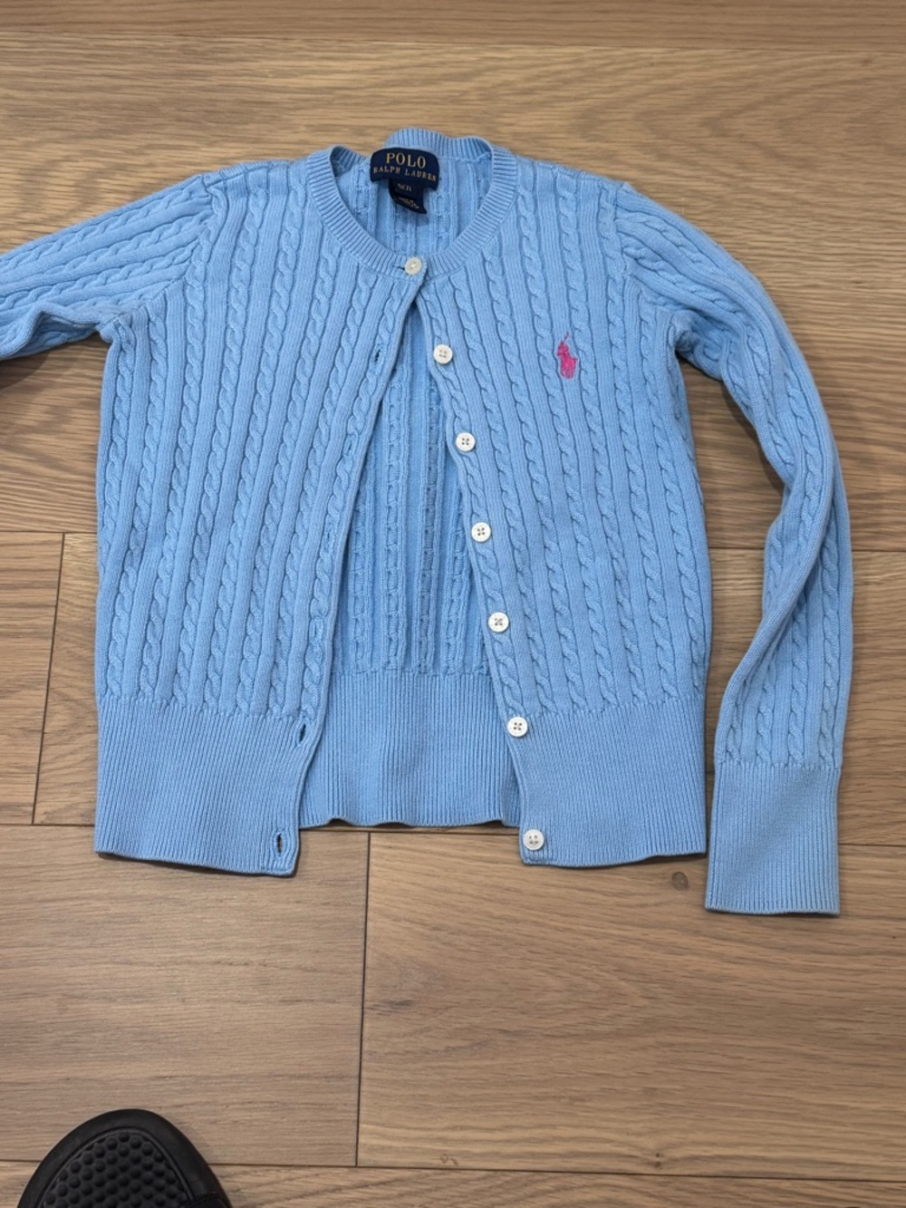 Polo Ralph Lauren Light Blue Cable-Knit Cardigan with Pink Pony